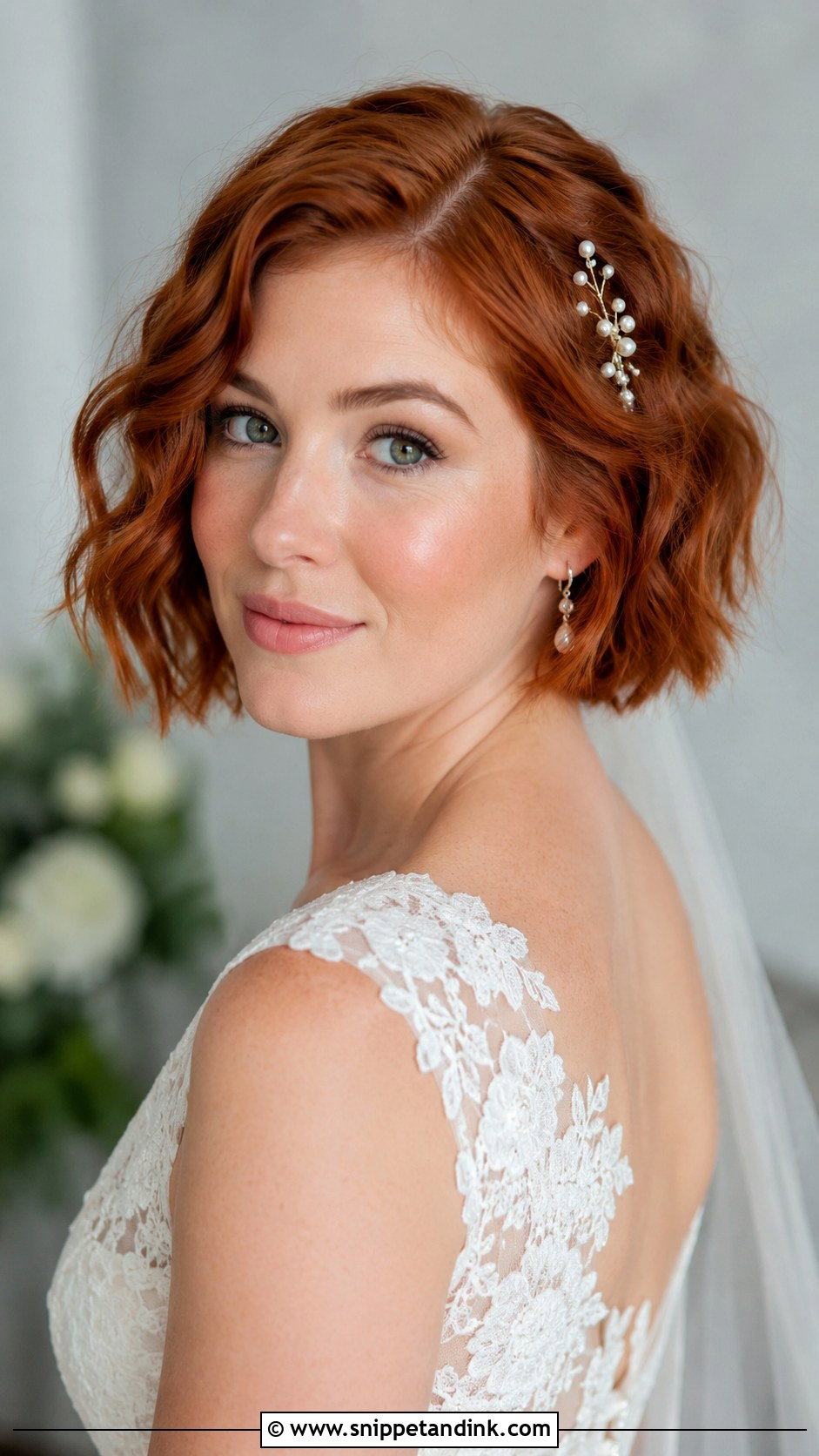 Textured Bob With Pearl Pins - Snippet and Ink - 20 Bob Hair Bride Ideas