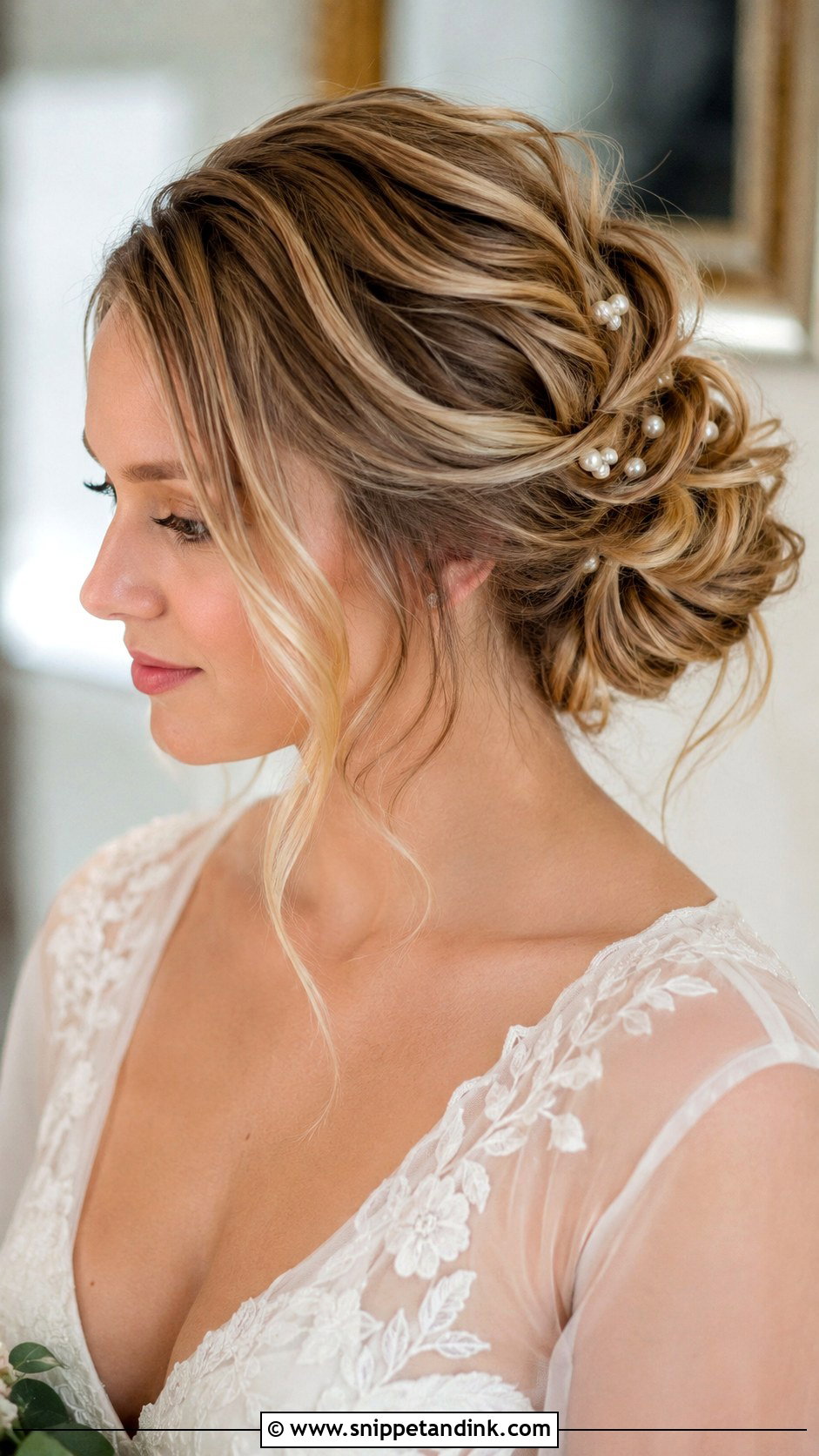 Textured Bun Wedding Hairstyle for Medium Hair - Snippet and Ink - 25 Medium Length Wedding Hair Ideas