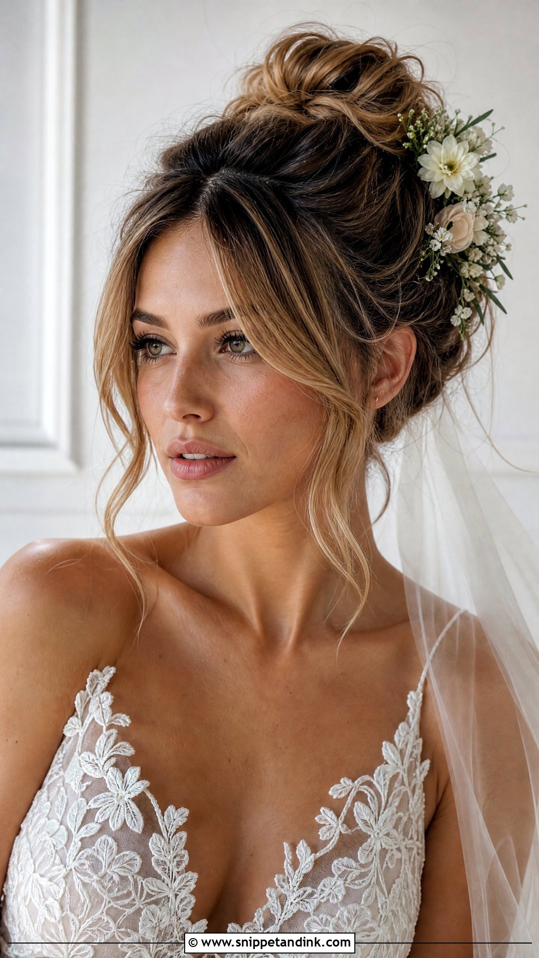 Textured Bun With Curtain Bangs - Snippet and Ink - 20 Wedding Hairstyles for Big Foreheads