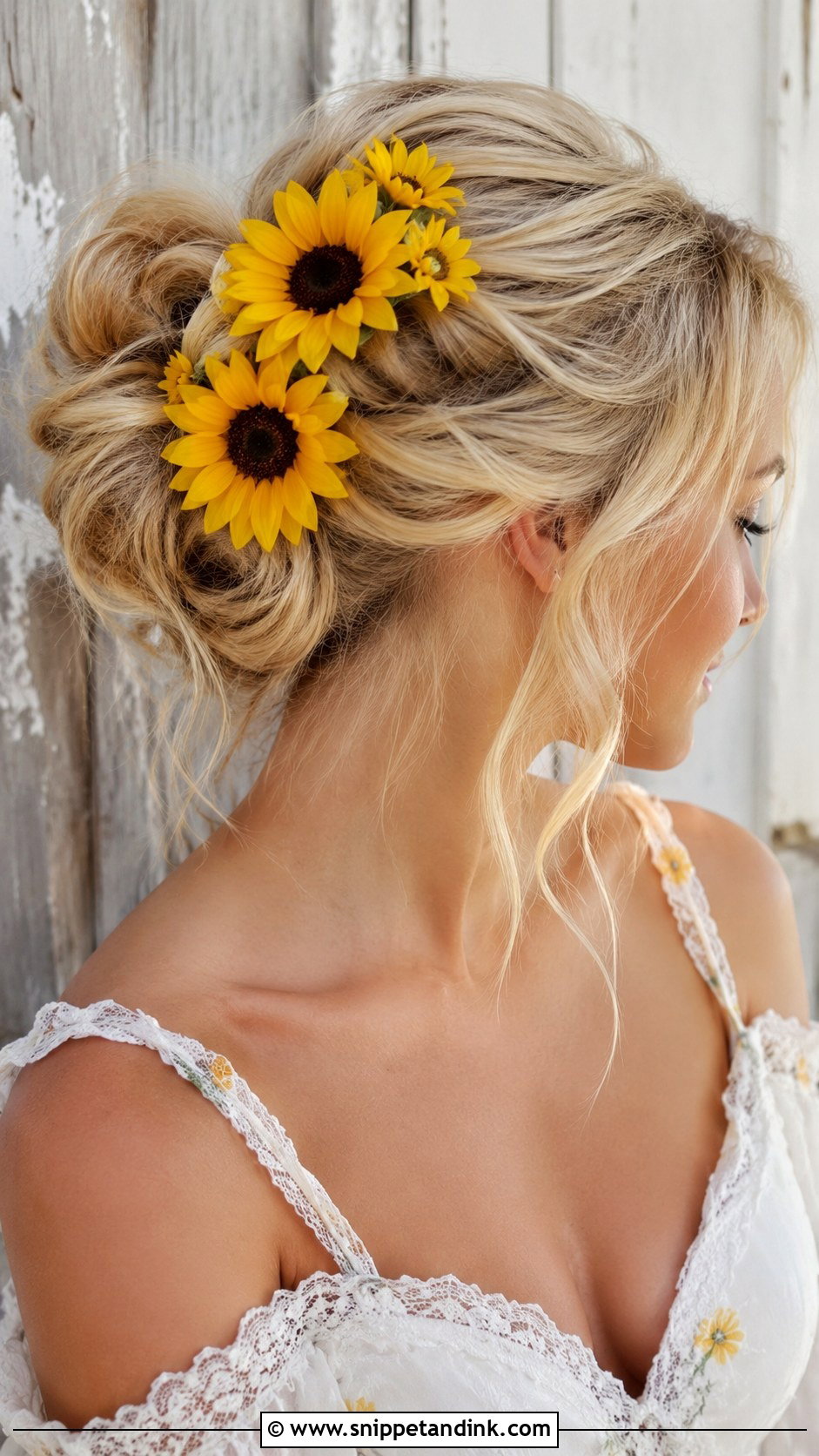 Textured Bun With Sunflowers - Snippet and Ink - 20 Flower Bun Hairstyle Wedding Bride Ideas