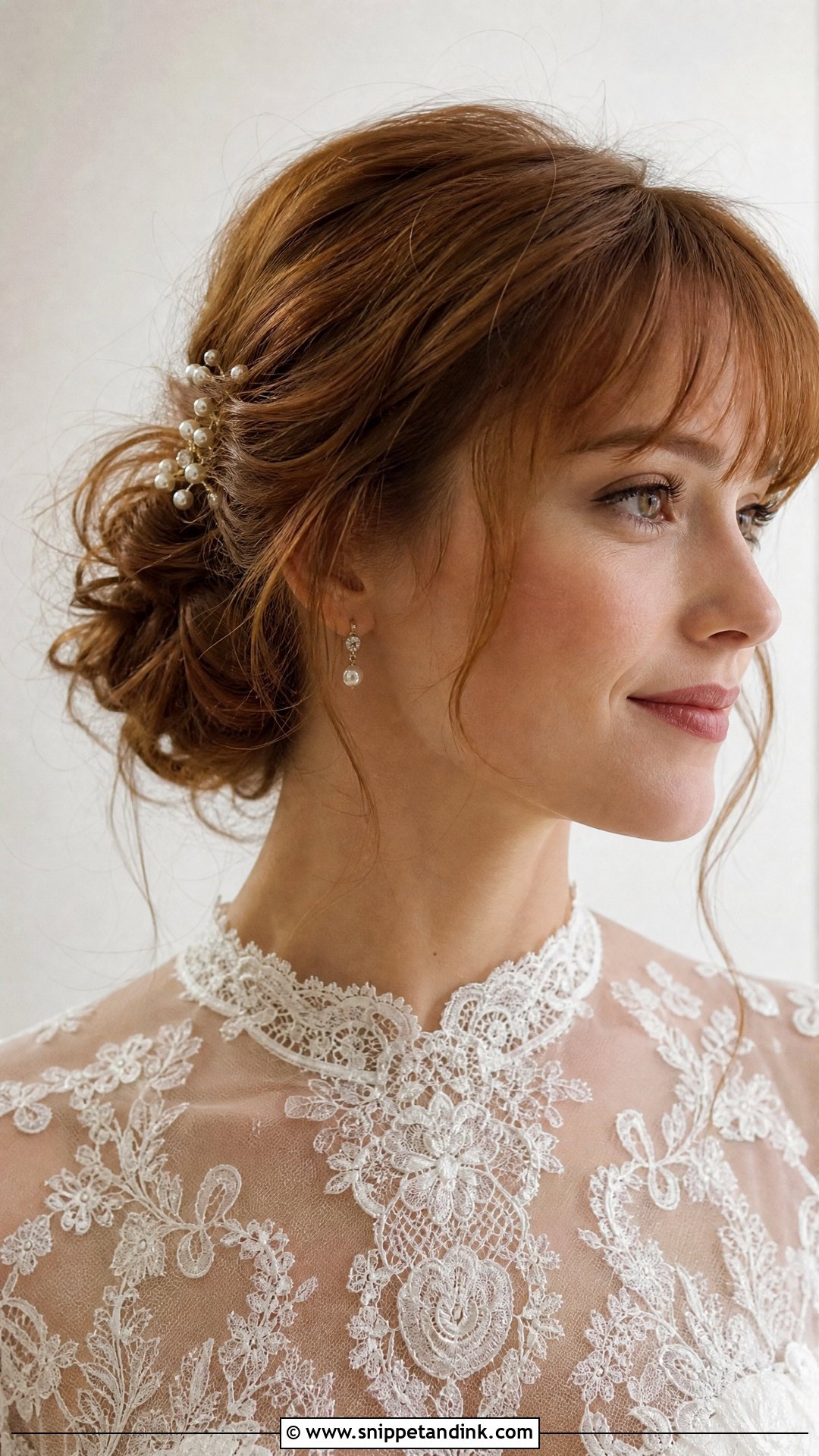 Textured Chignon With Wispy Bangs - Snippet and Ink - 15 Big Forehead Wedding Hairstyles