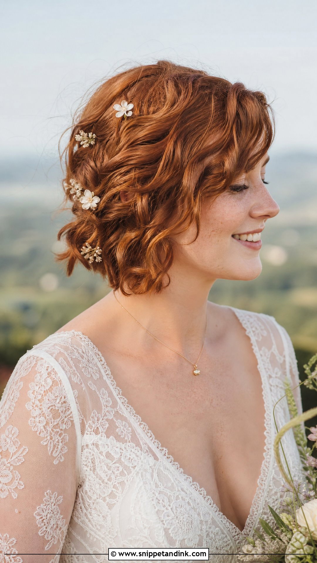 Textured Crop With Floral Pins for Bride - Snippet and Ink - 20 Short Hairstyle for Bride Ideas