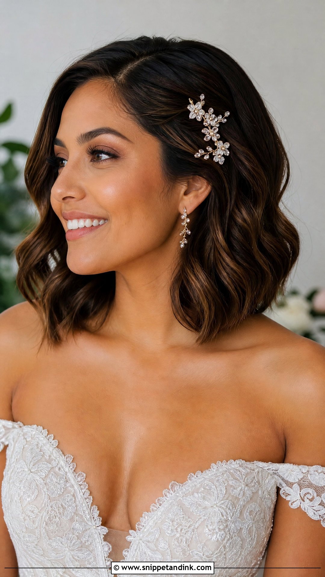 Textured Lob Wedding Hairstyle For Off The Shoulder Dress - Snippet and Ink - 20 Off the Shoulder Wedding Hairstyles