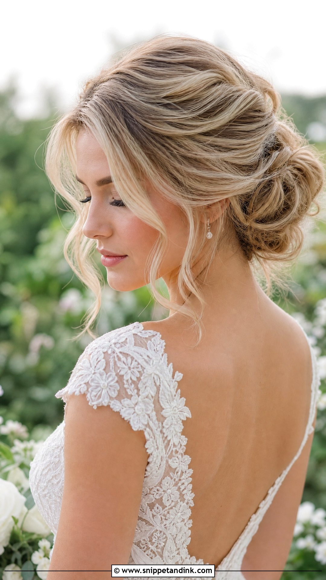 Textured Low Bun With Loose Pieces - Snippet and Ink - 20 Sleek Low Bun Wedding Hair Ideas