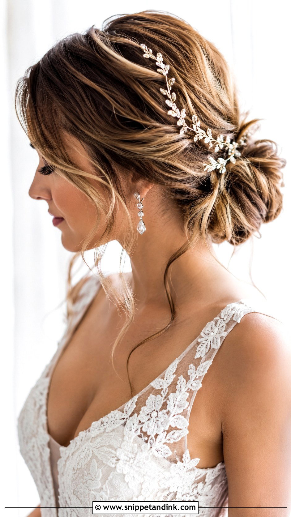 Textured Low Bun with Tendrils - Snippet and Ink - 25 Glam Bridal Hair Updo Ideas