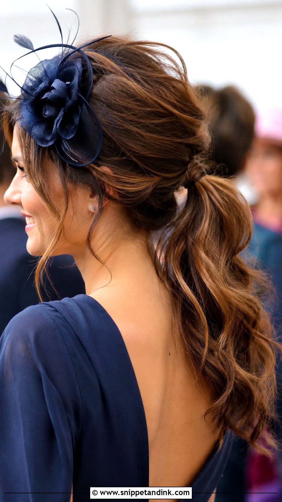 Textured Low Ponytail With Side Fascinator - Snippet and Ink - 25 Facinators Wedding Hairstyles