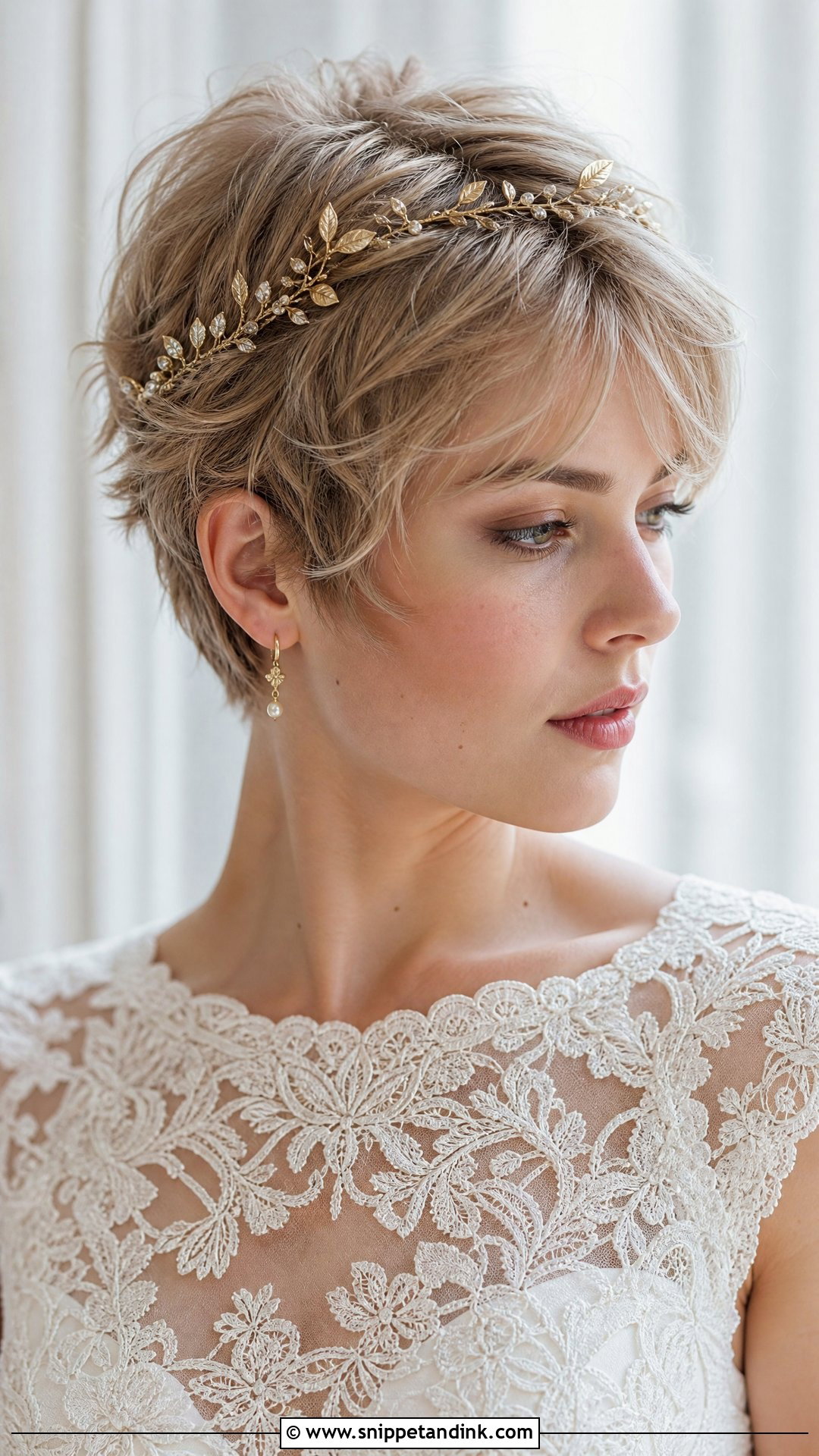Textured Pixie Cut With Hair Vine - Snippet and Ink - 20 Short Hair Bridal Styles