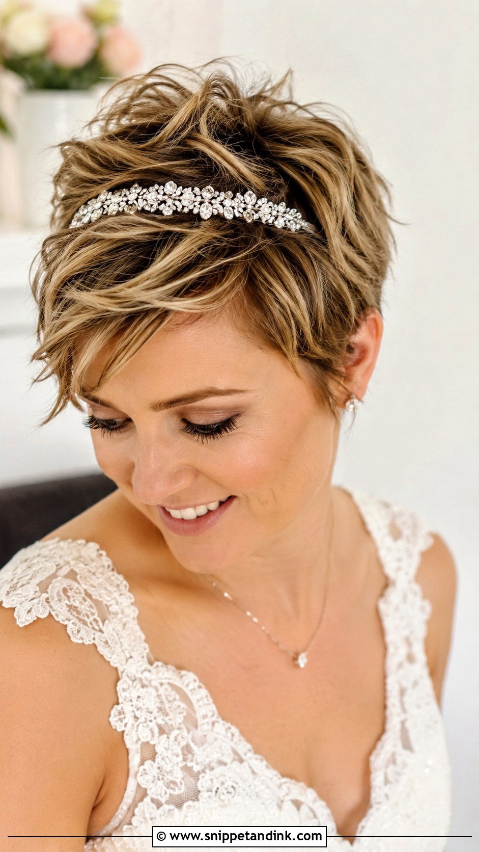Textured Pixie Cut With Jeweled Headband - Snippet and Ink - 20 Pixie Cut Wedding Hairstyles