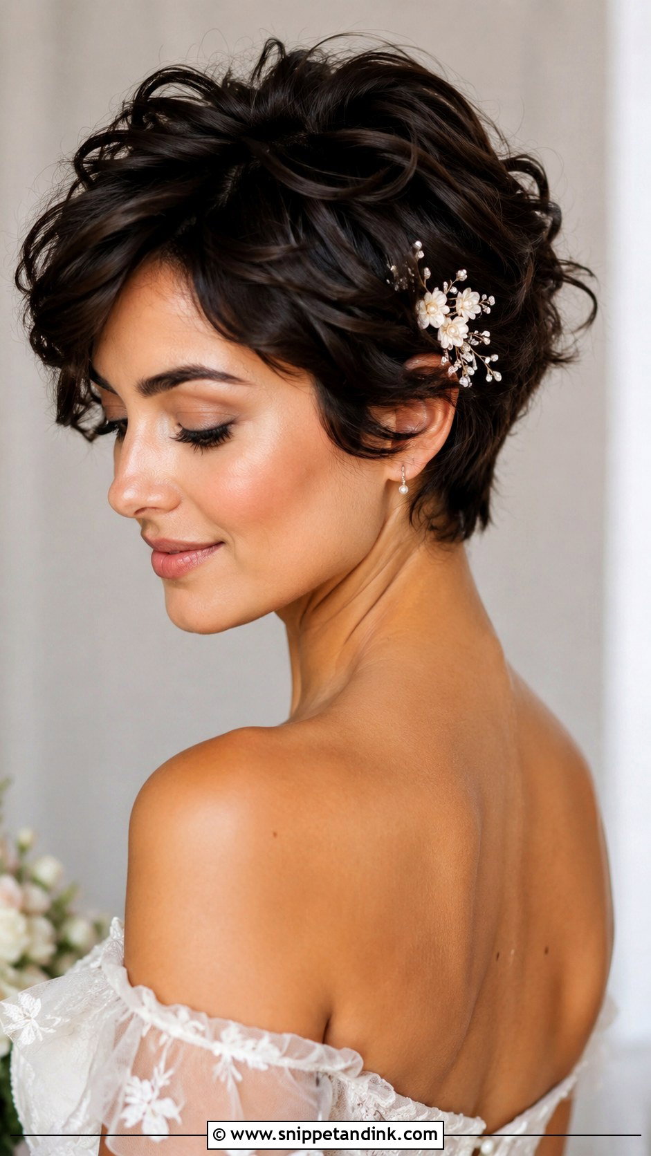 Textured Pixie Wedding Hairstyle With Floral Hair Pins - Snippet and Ink - 15 Wedding Hairstyles for Pixie Haircut