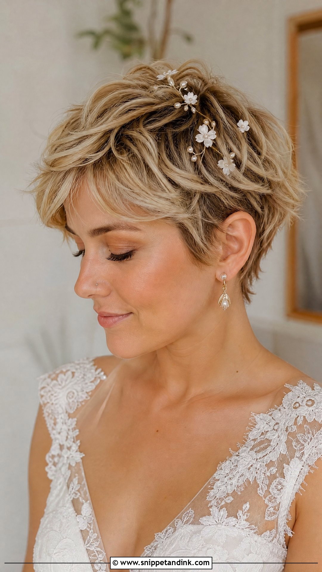 Textured Pixie With Floral Pins - Snippet and Ink - 20 Short Haired Bride Ideas