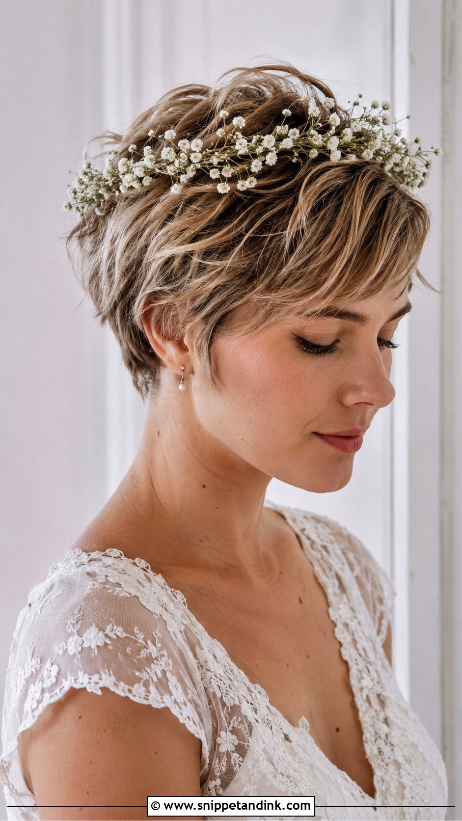 Textured Pixie With Flower Crown - Snippet and Ink - 25 Pixie Cut Wedding Hair Ideas