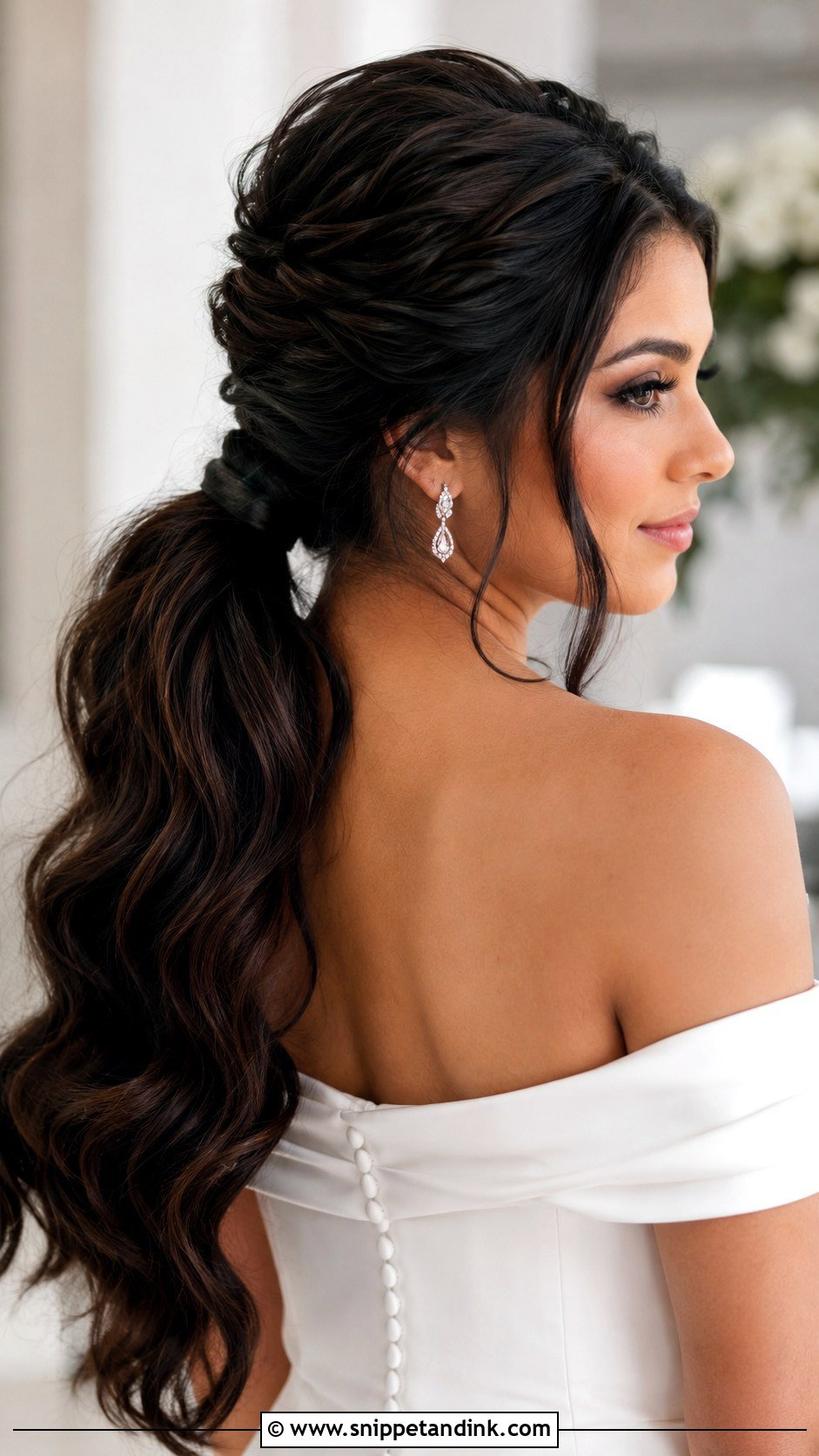 Textured Ponytail For Off Shoulder Dress - Snippet and Ink - 15 Wedding Hairstyles for Off Shoulder Dress