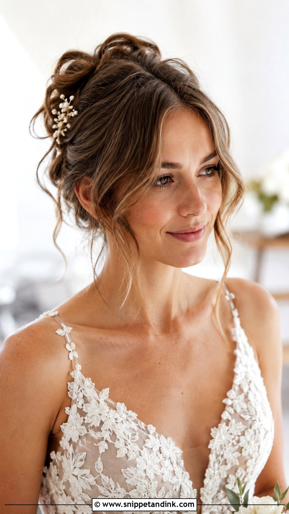 Textured Updo With Curtain Bangs - Snippet and Ink - 20 Round Face Bridal Hair Ideas
