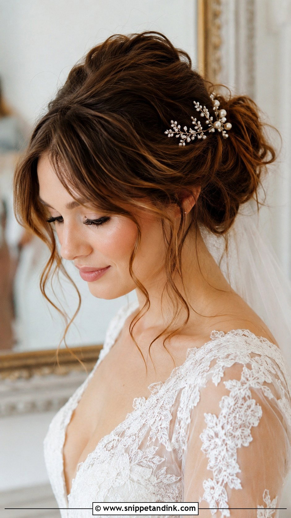 Textured Updo With Curtain Bangs - Snippet and Ink - 20 Hairstyles with Bangs for Wedding