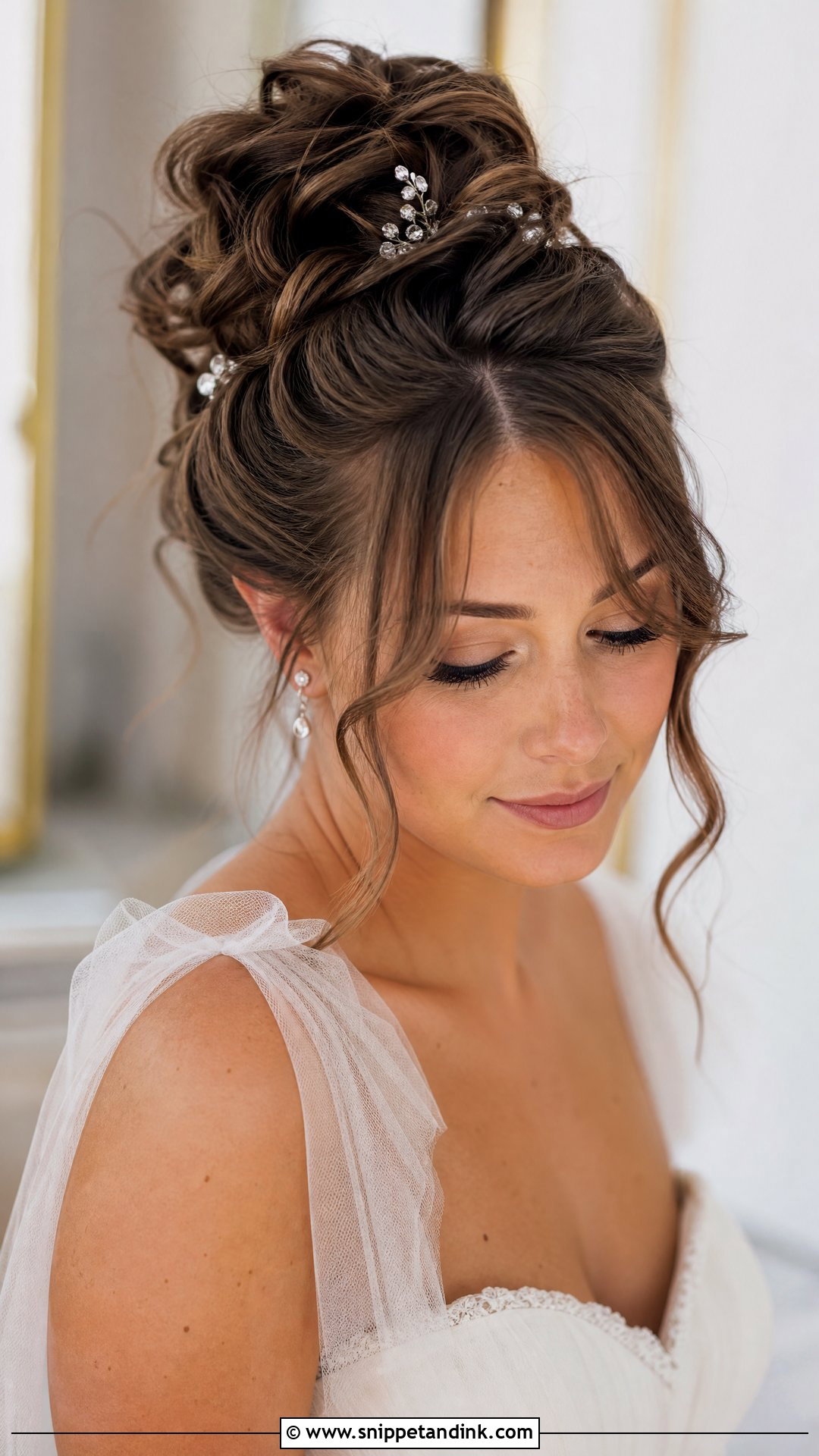 Textured Updo with Curtain Bangs - Snippet and Ink - 20 Wedding Hairstyles with Curtain Bangs