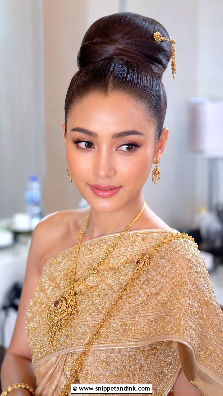 Thai Bridal High Bun With Gold Hair Pins - Snippet and Ink - 15 Thai Bridal Hair Ideas