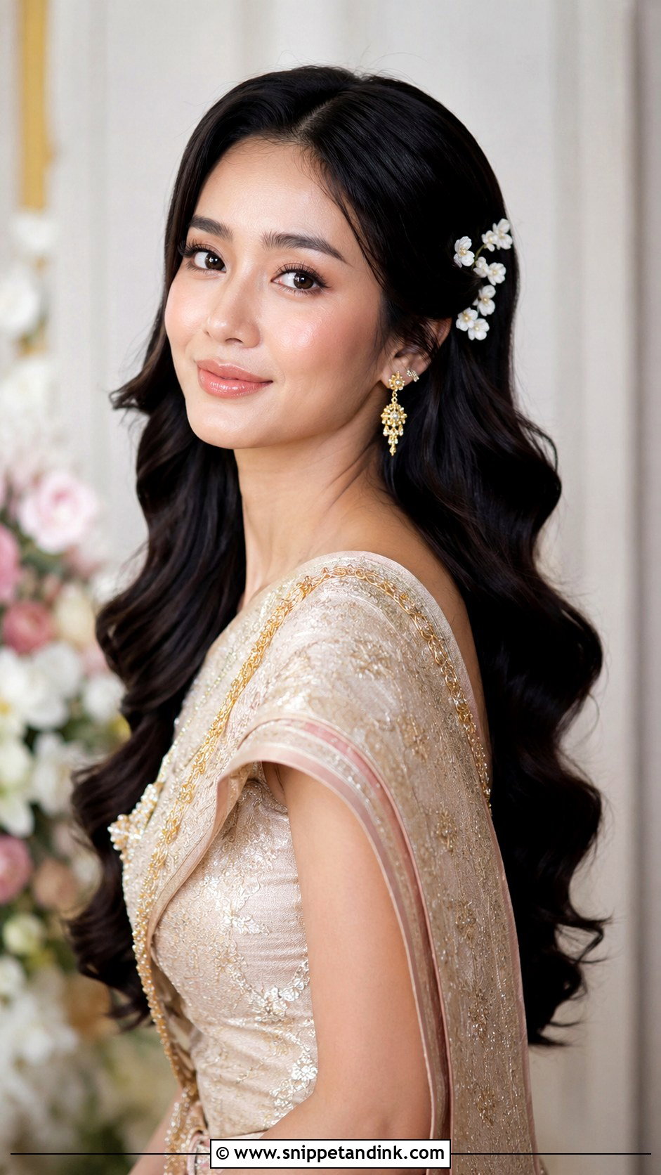 Thai Bridal Long Waves With Flower Pins - Snippet and Ink - 15 Thai Bridal Hair Ideas