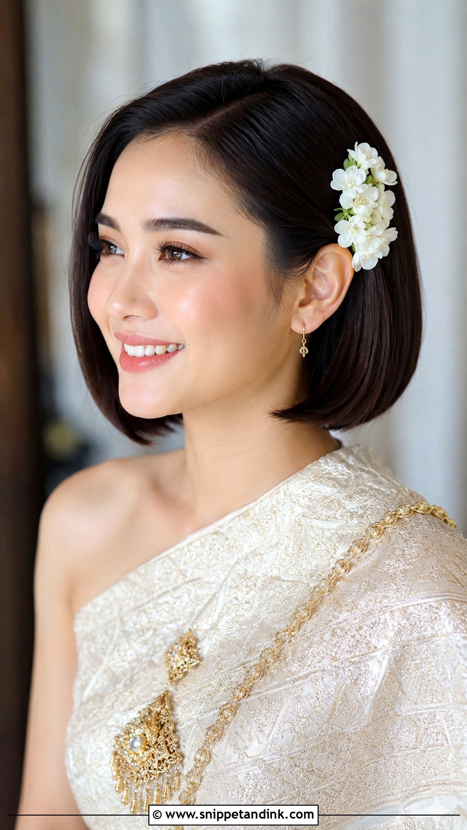 Thai Bridal Short Bob With Floral Clip - Snippet and Ink - 15 Thai Bridal Hair Ideas