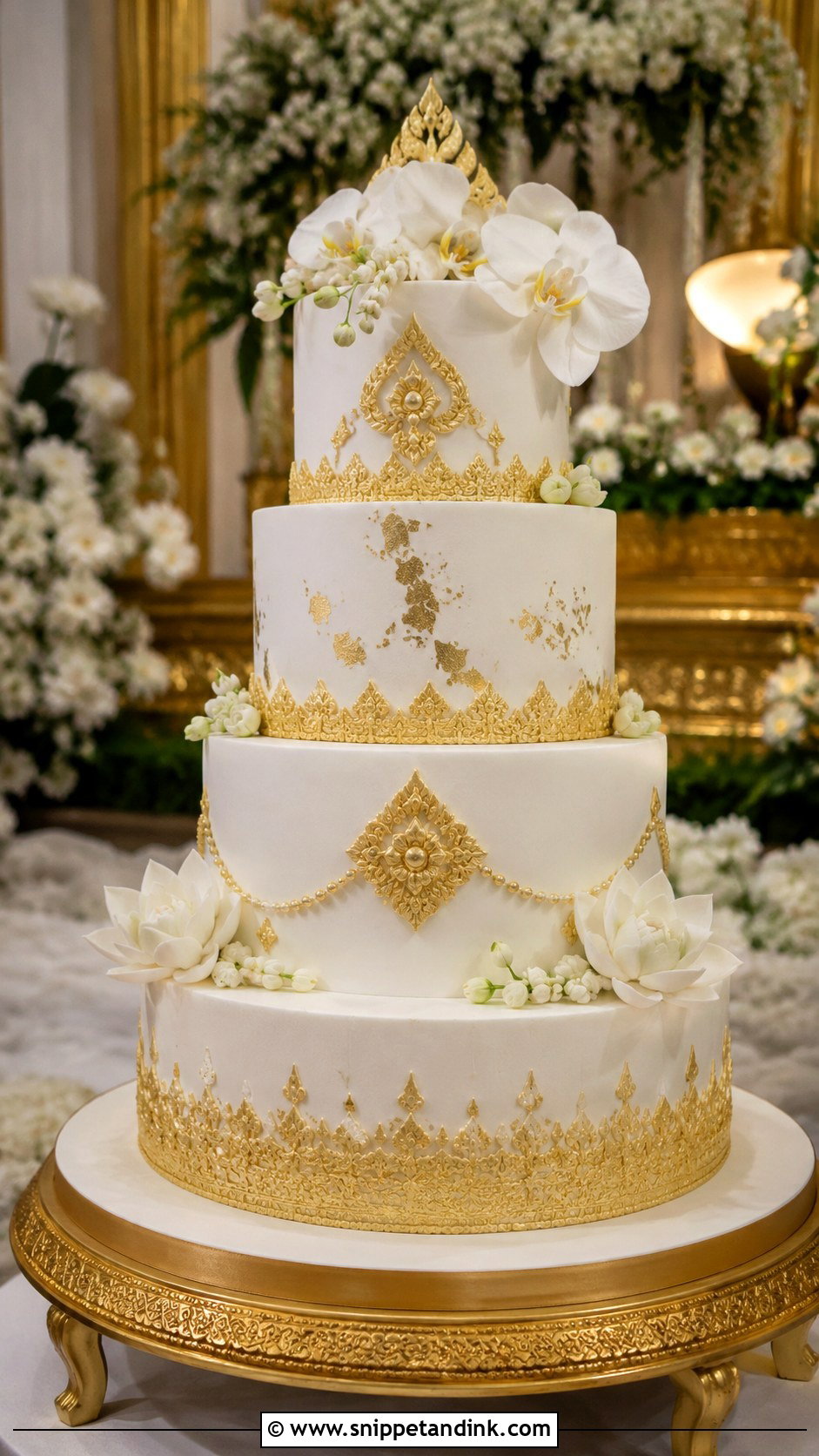 Thai White And Gold Wedding Cake - Snippet and Ink - 20 Thai Wedding Cake Ideas