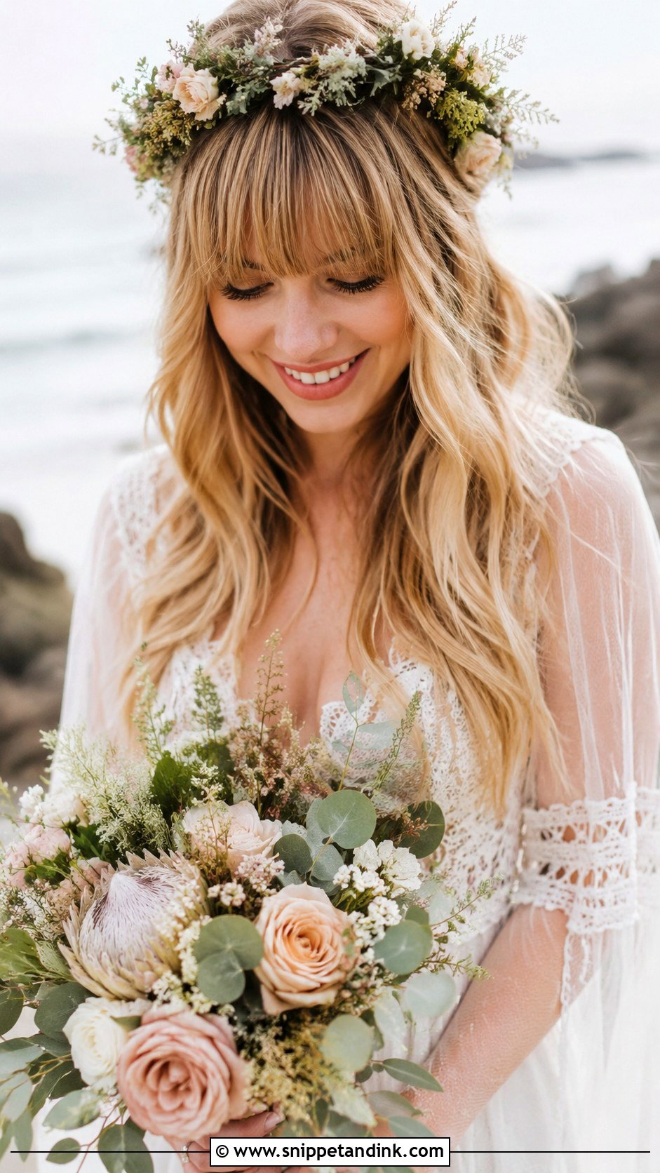 Thick Blunt Bangs With Beach Waves - Snippet and Ink - 25 Wedding Hair Bangs Ideas