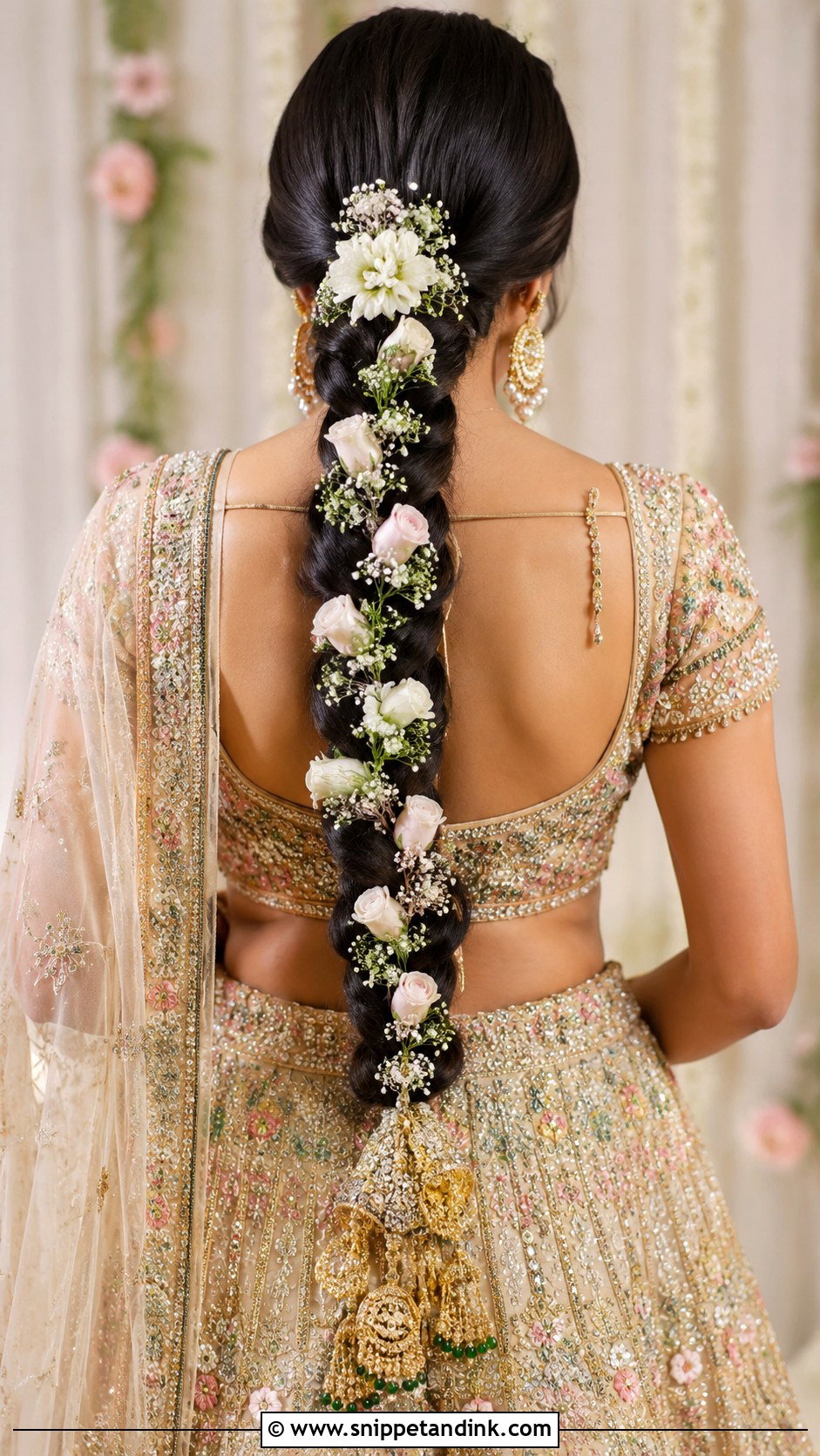 Thick Braid With Floral Trail - Snippet and Ink - 25 Mehndi Hairstyles for Bride Sister