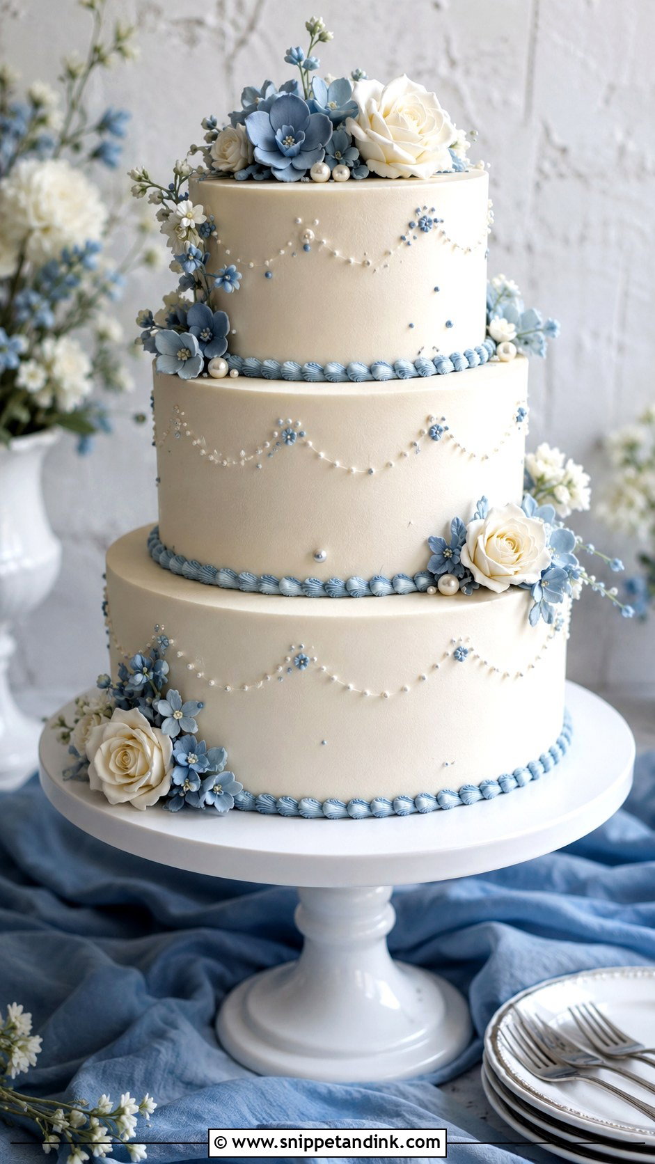 Three Layer Wedding Cake With Blue Details - Snippet and Ink - 20 Three Layer Cake Design Ideas for Wedding