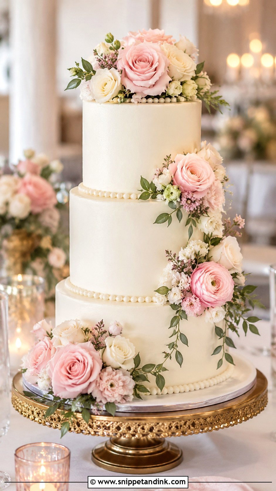 Three Layer Wedding Cake With Blush Flowers - Snippet and Ink - 20 Three Layer Cake Design Ideas for Wedding