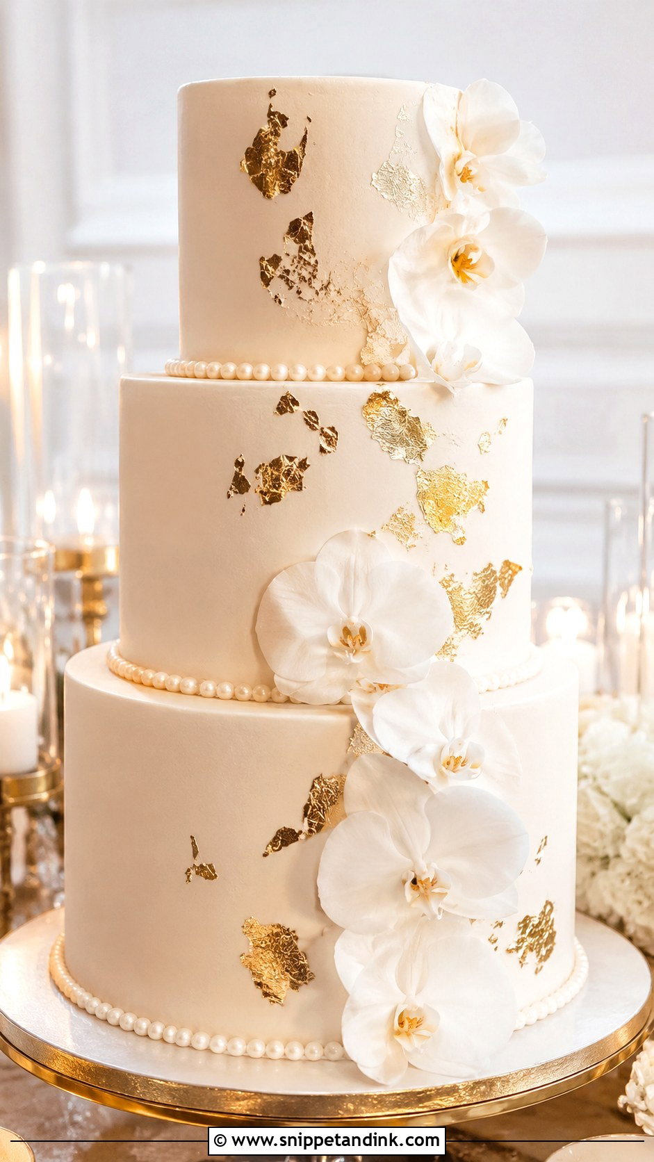 Three Layer Wedding Cake With Gold Leaf - Snippet and Ink - 20 Three Layer Cake Design Ideas for Wedding