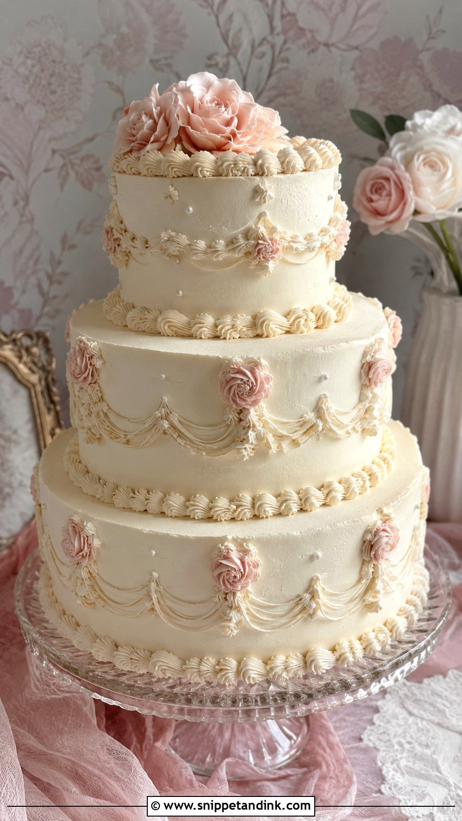 Three Layer Wedding Cake With Vintage Piping - Snippet and Ink - 20 Three Layer Cake Design Ideas for Wedding