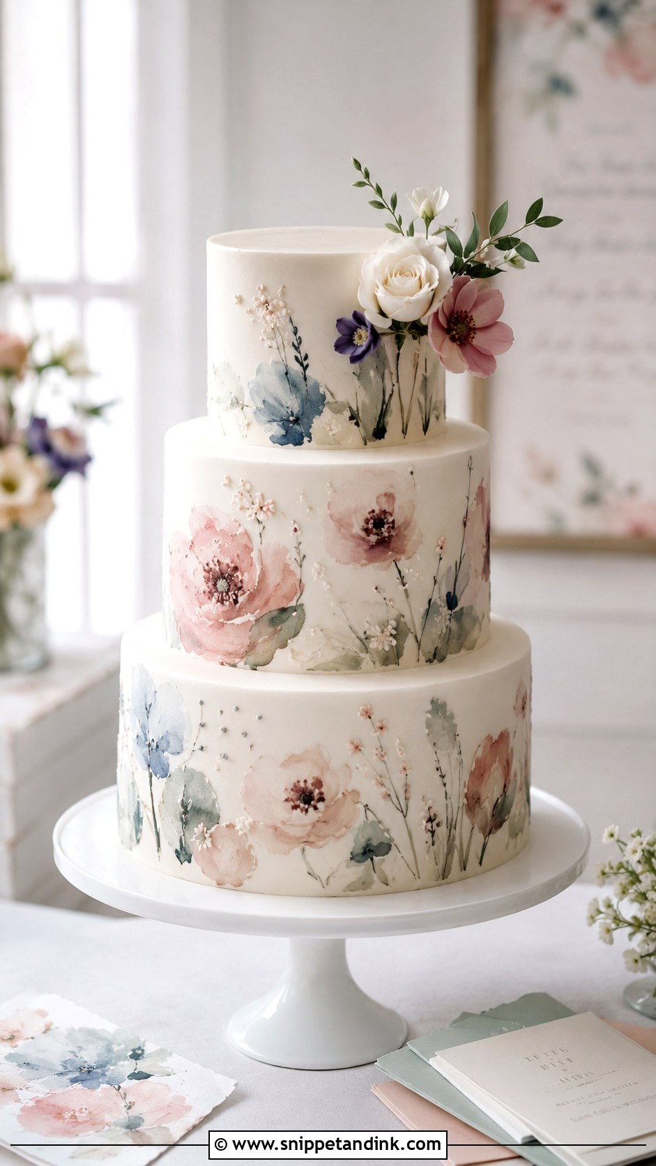Three Layer Wedding Cake With Watercolor Flowers - Snippet and Ink - 20 Three Layer Cake Design Ideas for Wedding