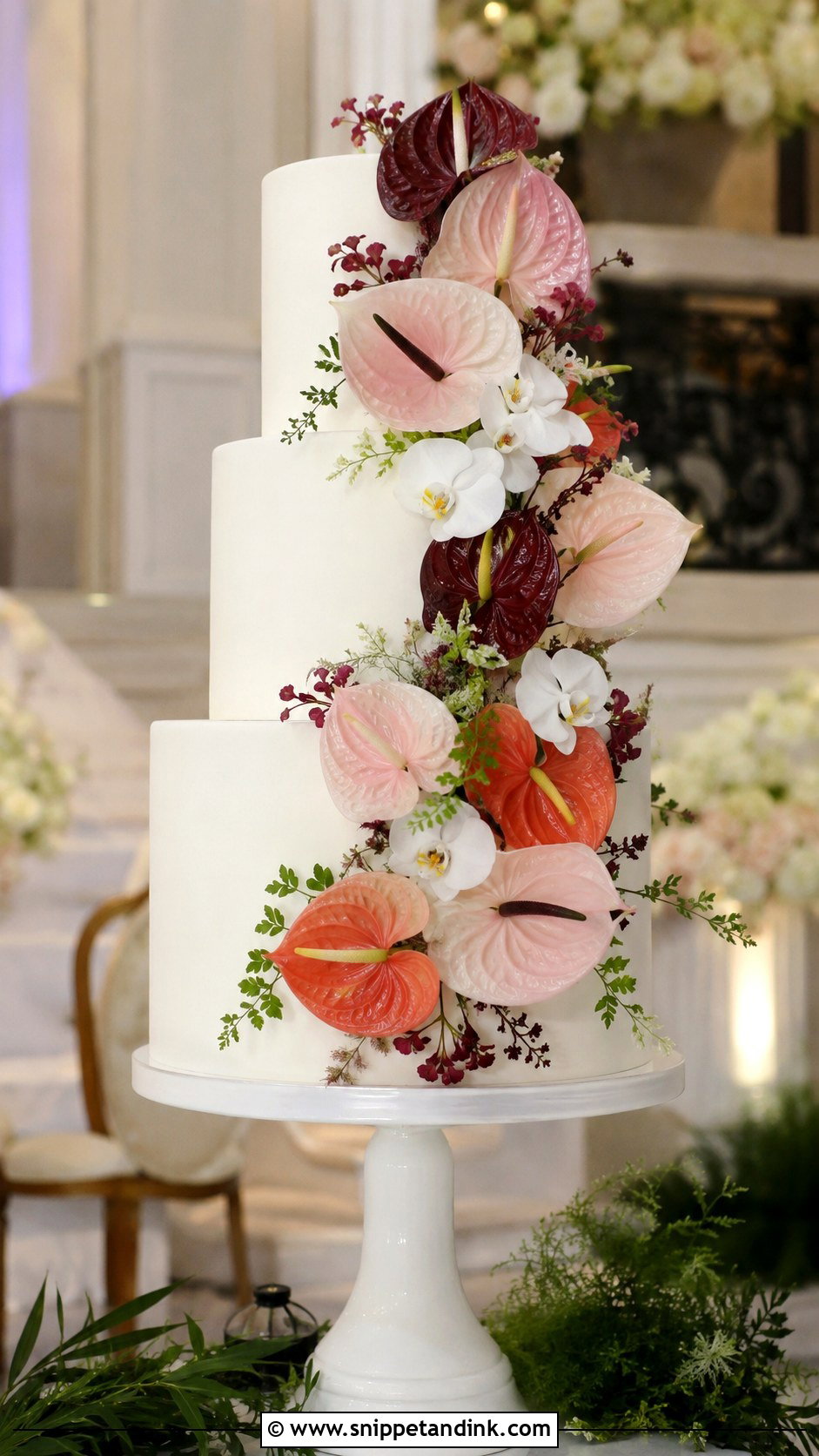 Three Tier Anthurium Wedding Cake - Snippet and Ink - 20 Anthurium Wedding Cake Ideas
