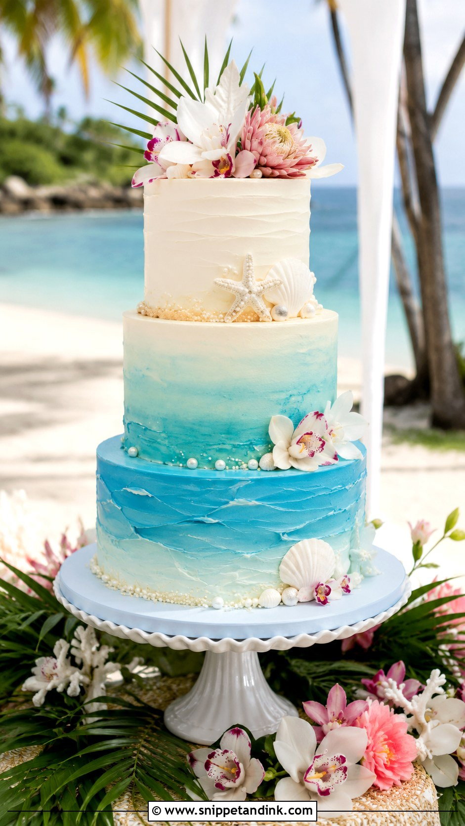 Three Tier Beach Wedding Cake - Snippet and Ink - 25 Tropical Beach Wedding Cake Ideas