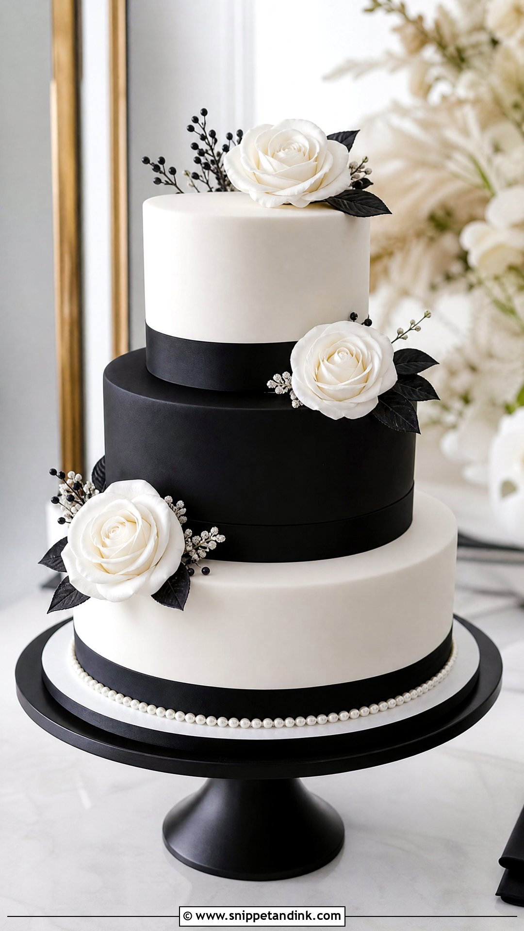 Three Tier Black And White Wedding Cake - Snippet and Ink - 20 Three Tier Wedding Cake Ideas