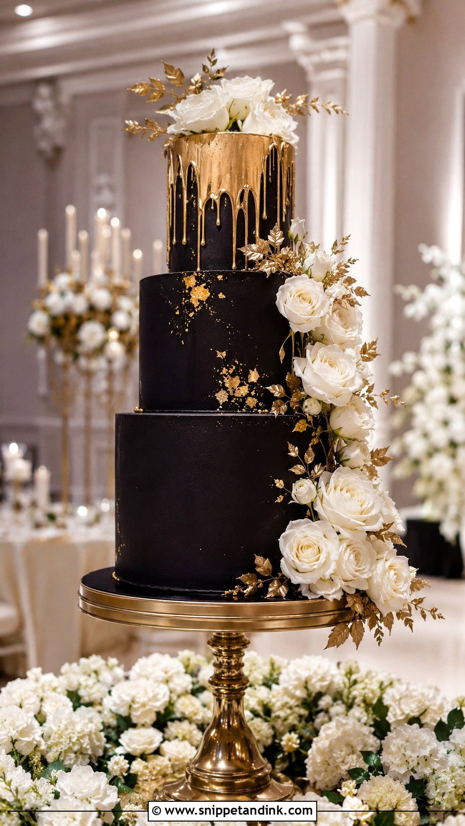 Three Tier Black Gold Drip Wedding Cake - Snippet and Ink - 20 Black and Gold Drip Cake Ideas for Wedding