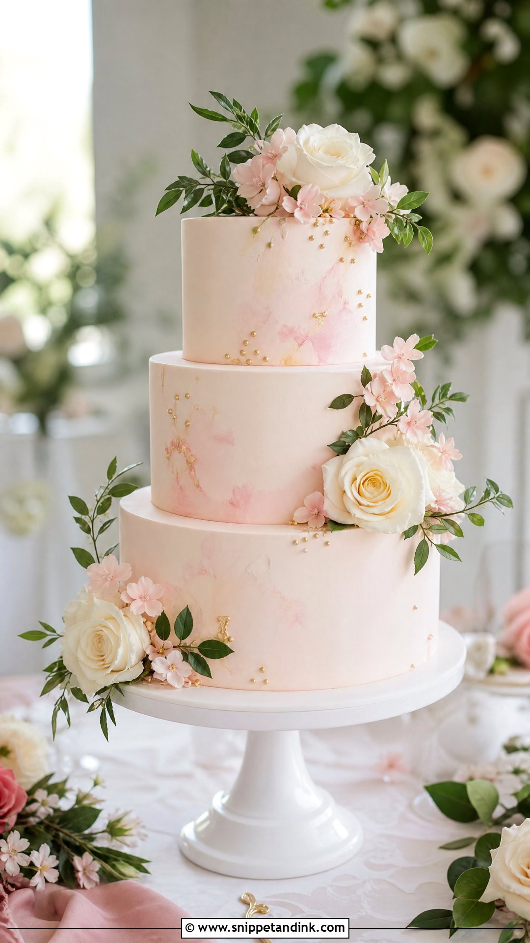 Three Tier Blush Wedding Cake - Snippet and Ink - 20 Three Tier Wedding Cake Ideas
