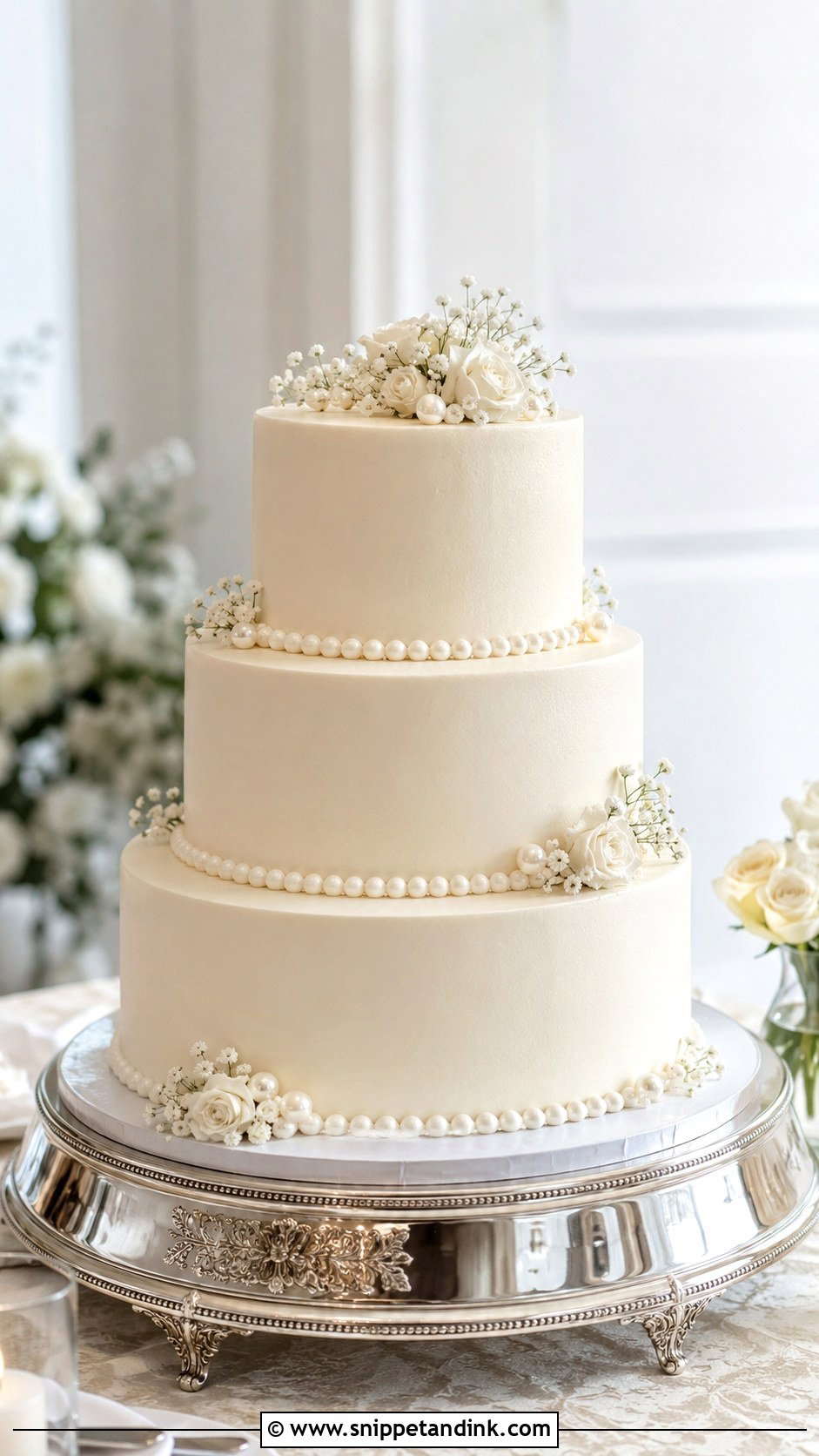 Three Tier Buttercream Wedding Cake With Pearl Border - Snippet and Ink - 20 Simple Buttercream Wedding Cake Designs