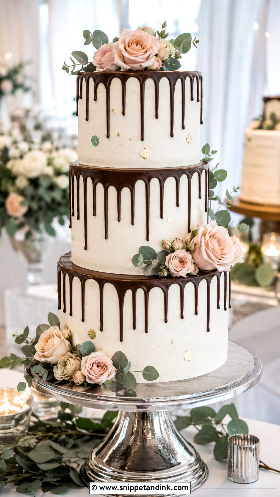 Three Tier Chocolate Drip Wedding Cake - Snippet and Ink - 20 Chocolate Drip Wedding Cake Ideas