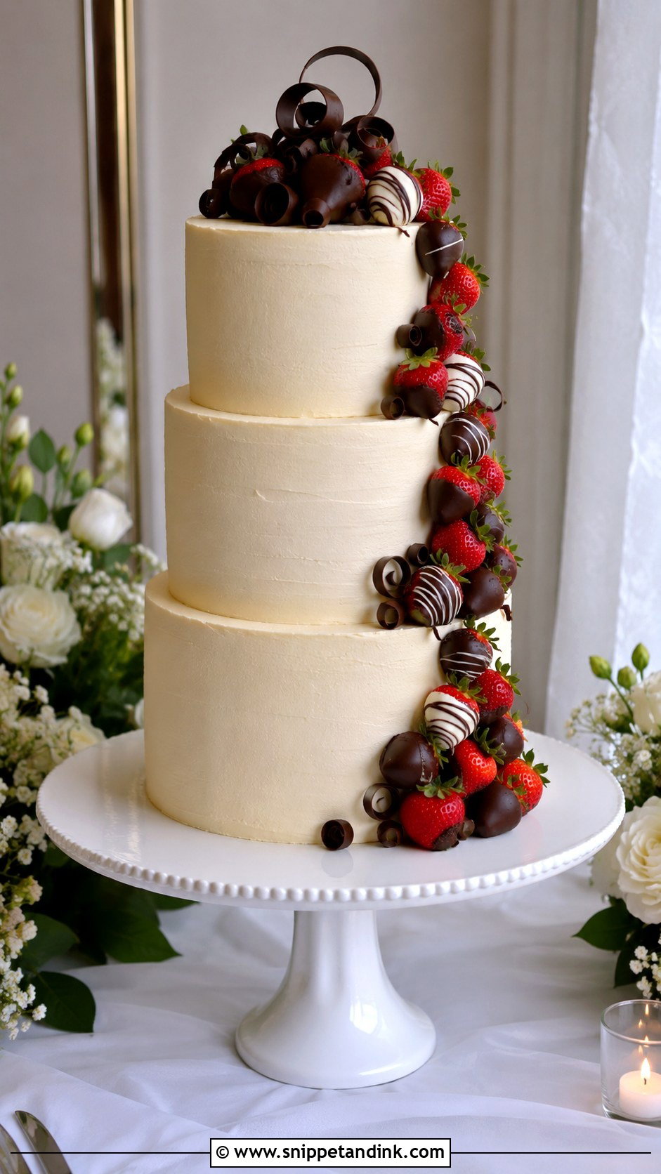 Three Tier Chocolate Strawberry Wedding Cake - Snippet and Ink - 25 Chocolate Strawberry Wedding Cake Ideas