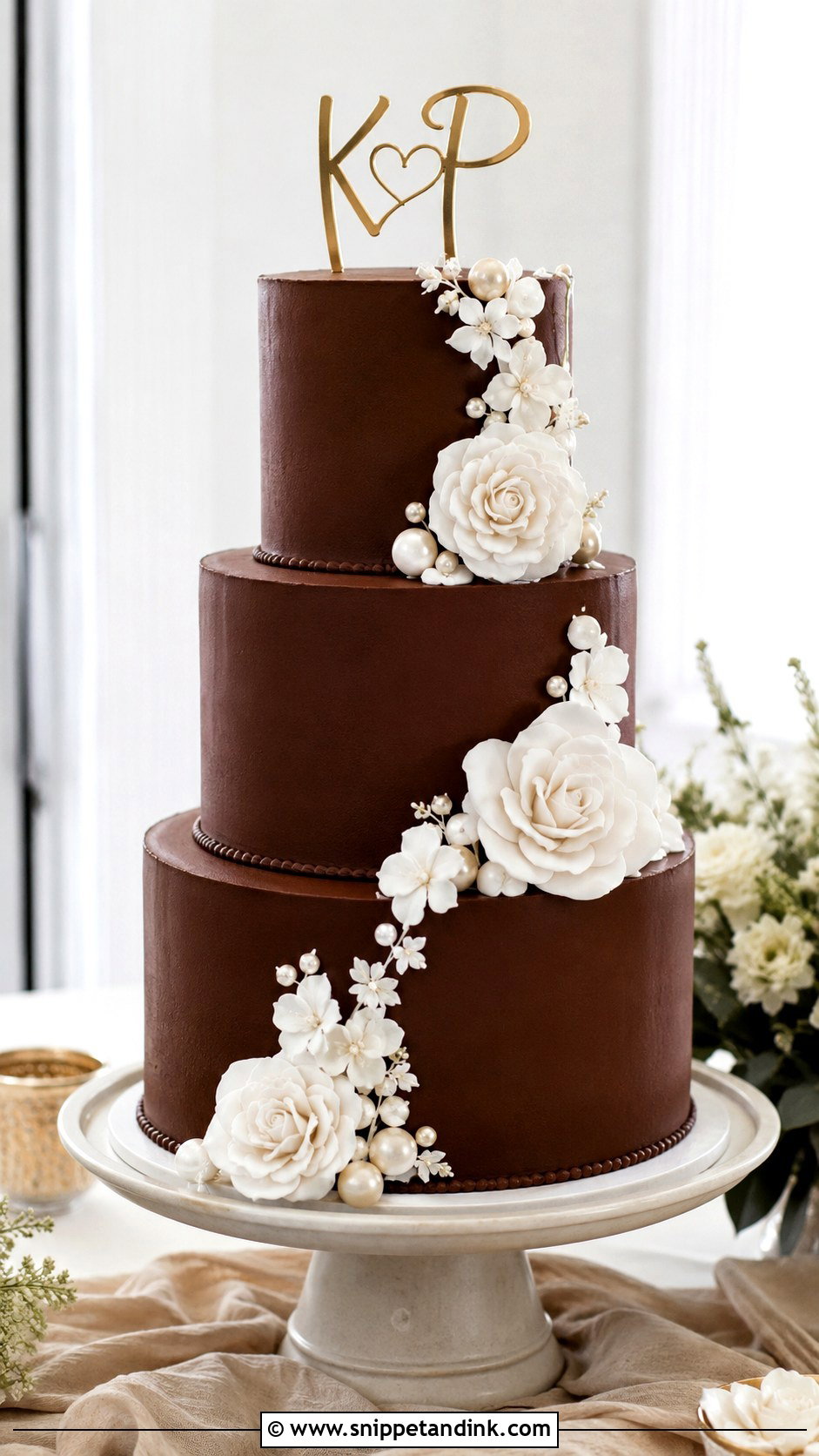 Three Tier Chocolate Wedding Cake - Snippet and Ink - 20 Chocolate Wedding Cake Ideas
