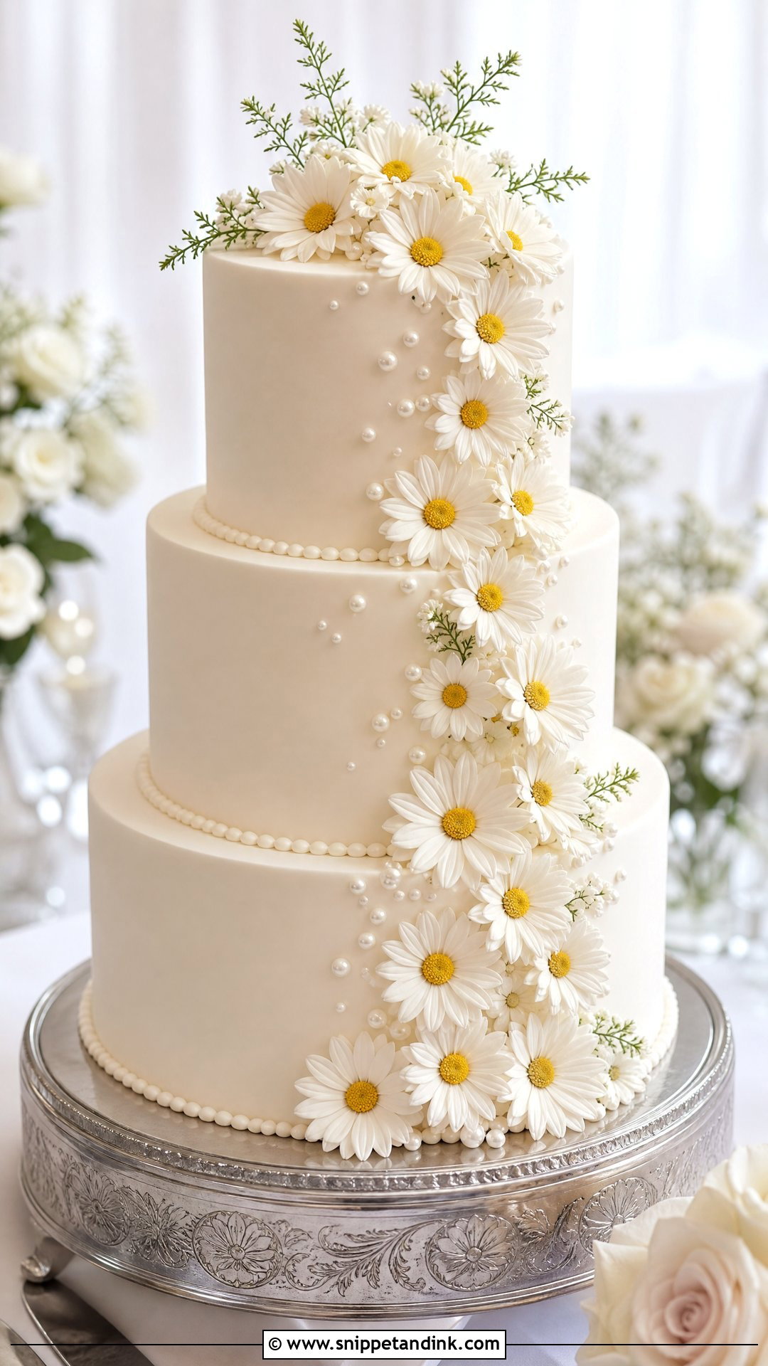 Three Tier Daisy Wedding Cake - Snippet and Ink - 25 Daisy Themed Cake Ideas for Wedding