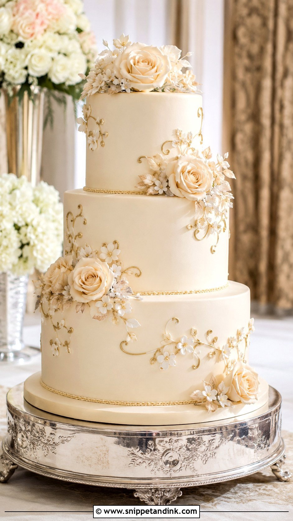 Three Tier Floral Fondant Wedding Cake - Snippet and Ink - 20 Three Tier Floral Wedding Cake Ideas