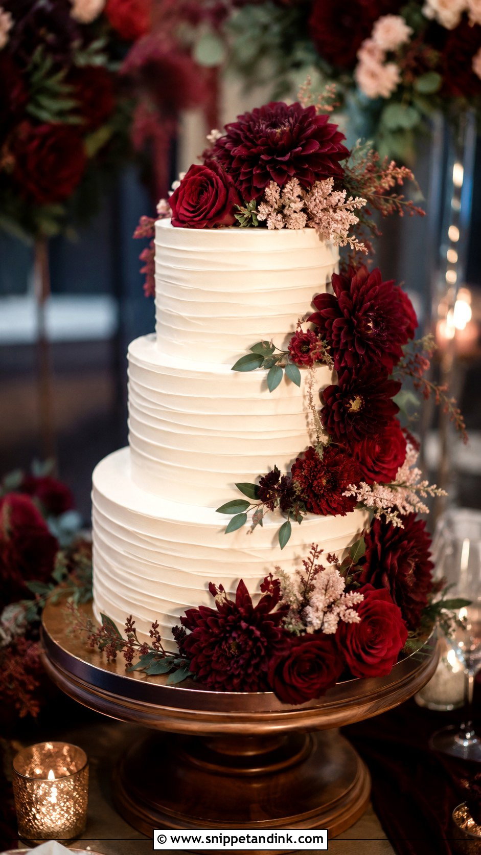 Three Tier Floral Wedding Cake With Burgundy Flowers - Snippet and Ink - 20 Three Tier Floral Wedding Cake Ideas
