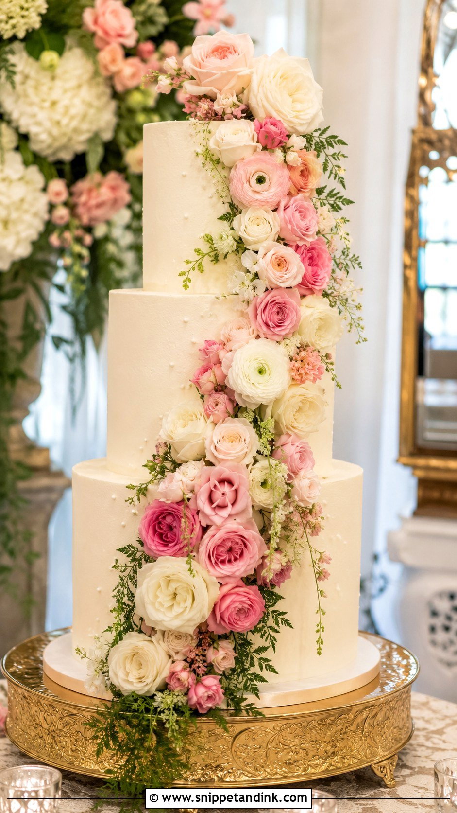 Three Tier Floral Wedding Cake With Cascading Flowers - Snippet and Ink - 20 Three Tier Floral Wedding Cake Ideas