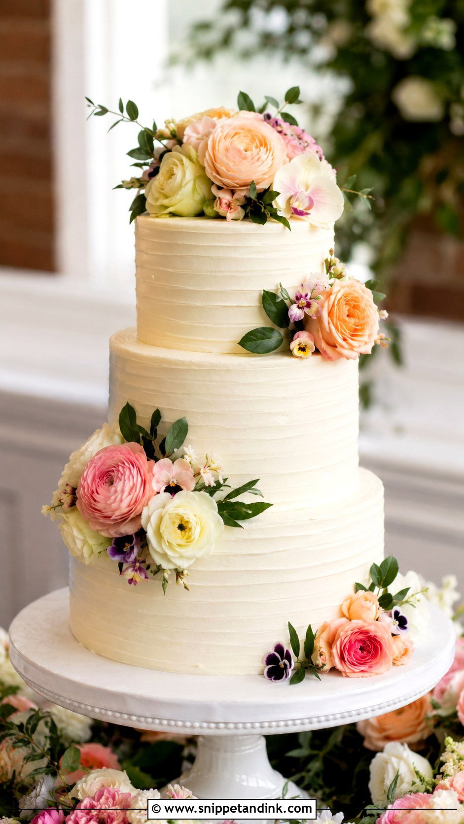 Three Tier Floral Wedding Cake With Fresh Flowers - Snippet and Ink - 20 Three Tier Floral Wedding Cake Ideas