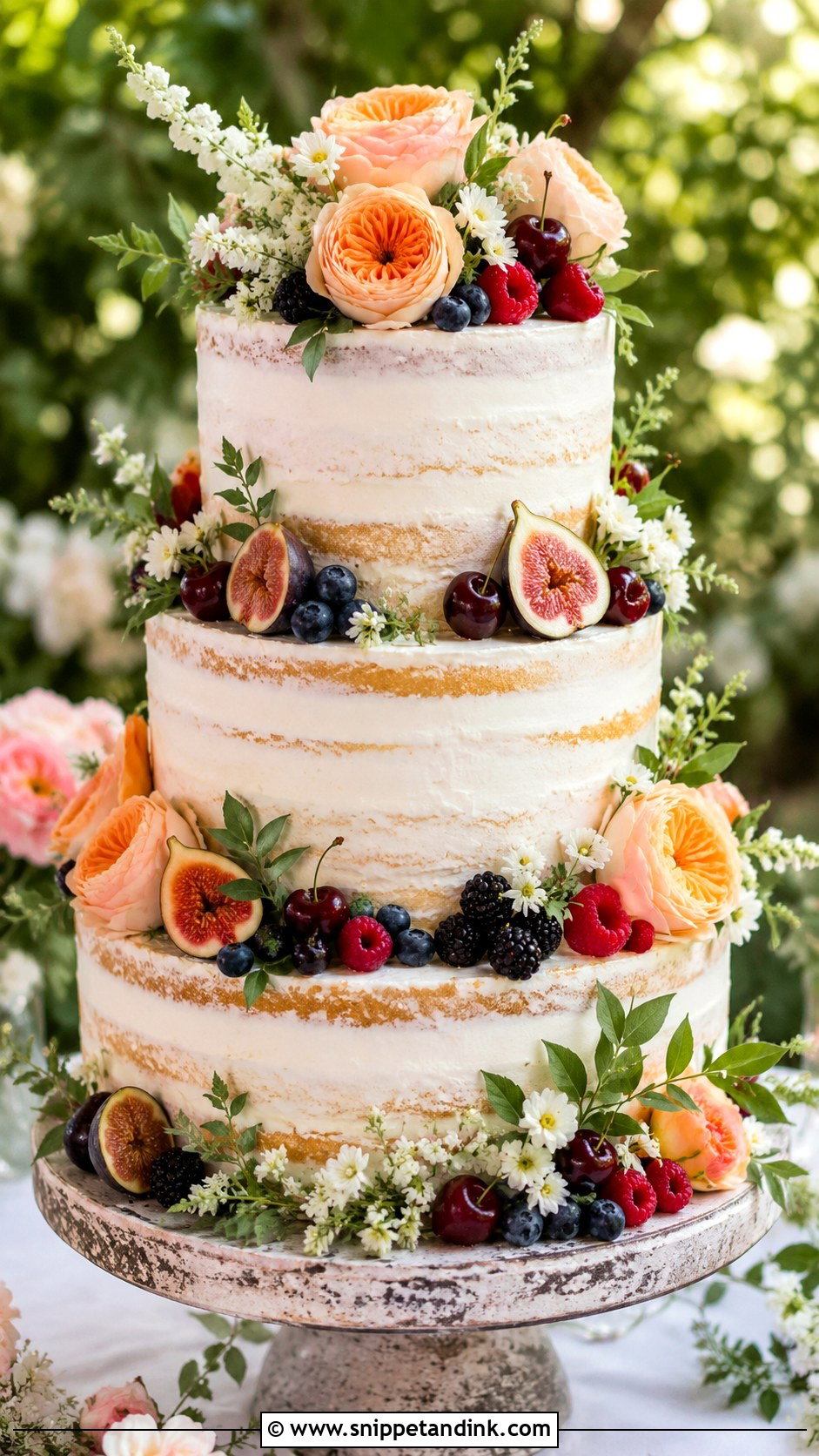 Three Tier Floral Wedding Cake With Fruit And Flowers - Snippet and Ink - 20 Three Tier Floral Wedding Cake Ideas