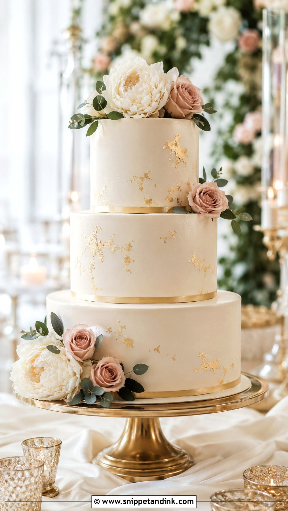 Three Tier Floral Wedding Cake With Gold - Snippet and Ink - 20 Three Tier Floral Wedding Cake Ideas