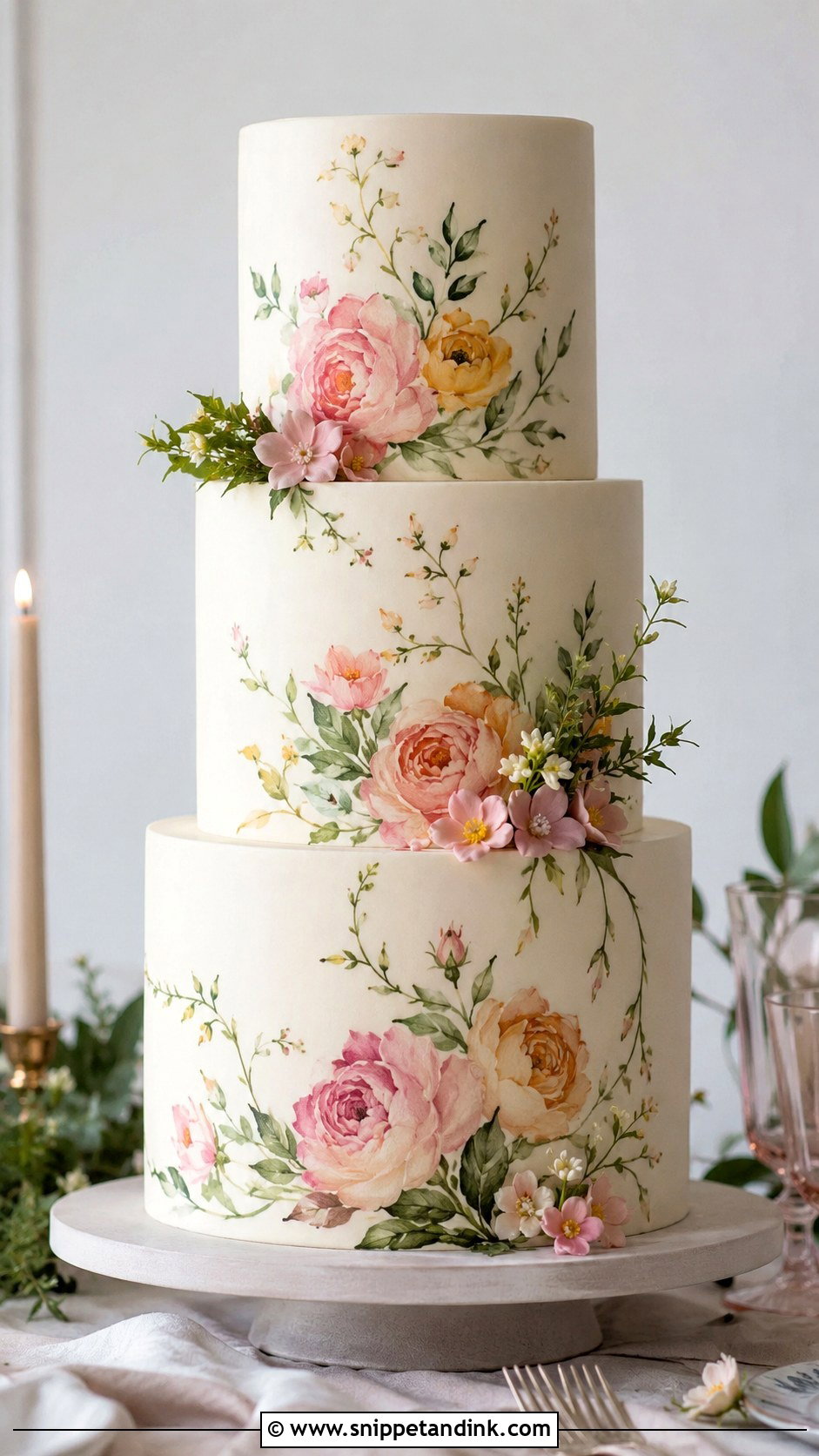 Three Tier Floral Wedding Cake With Hand Painted Flowers - Snippet and Ink - 20 Three Tier Floral Wedding Cake Ideas