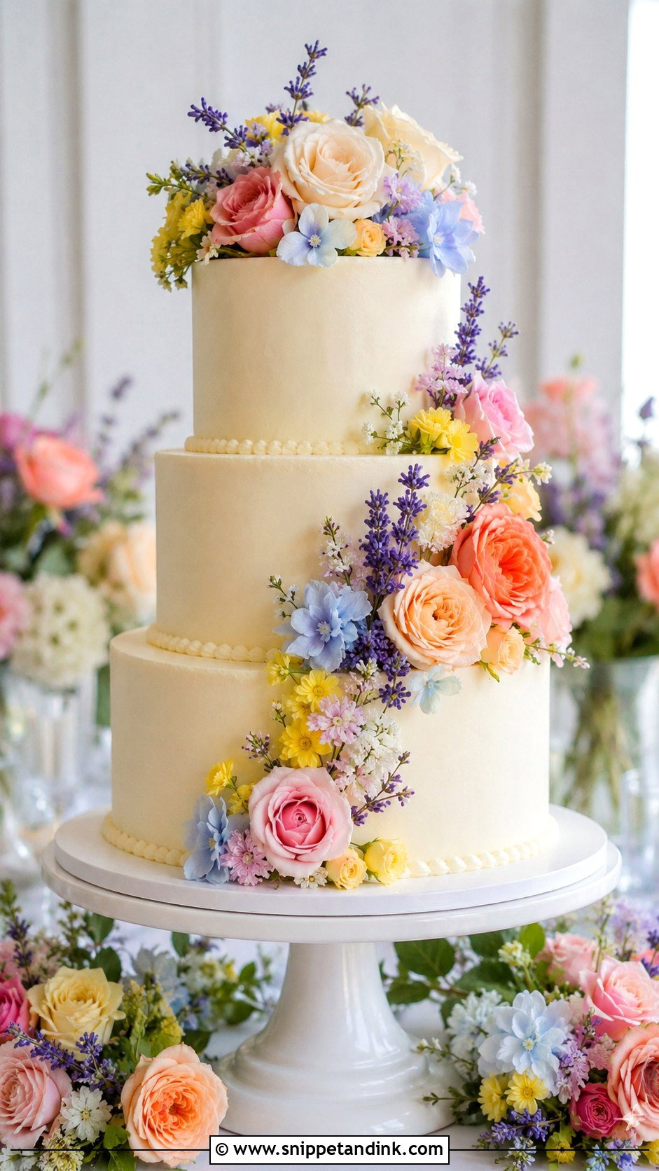 Three Tier Floral Wedding Cake With Pastel Flowers - Snippet and Ink - 20 Three Tier Floral Wedding Cake Ideas