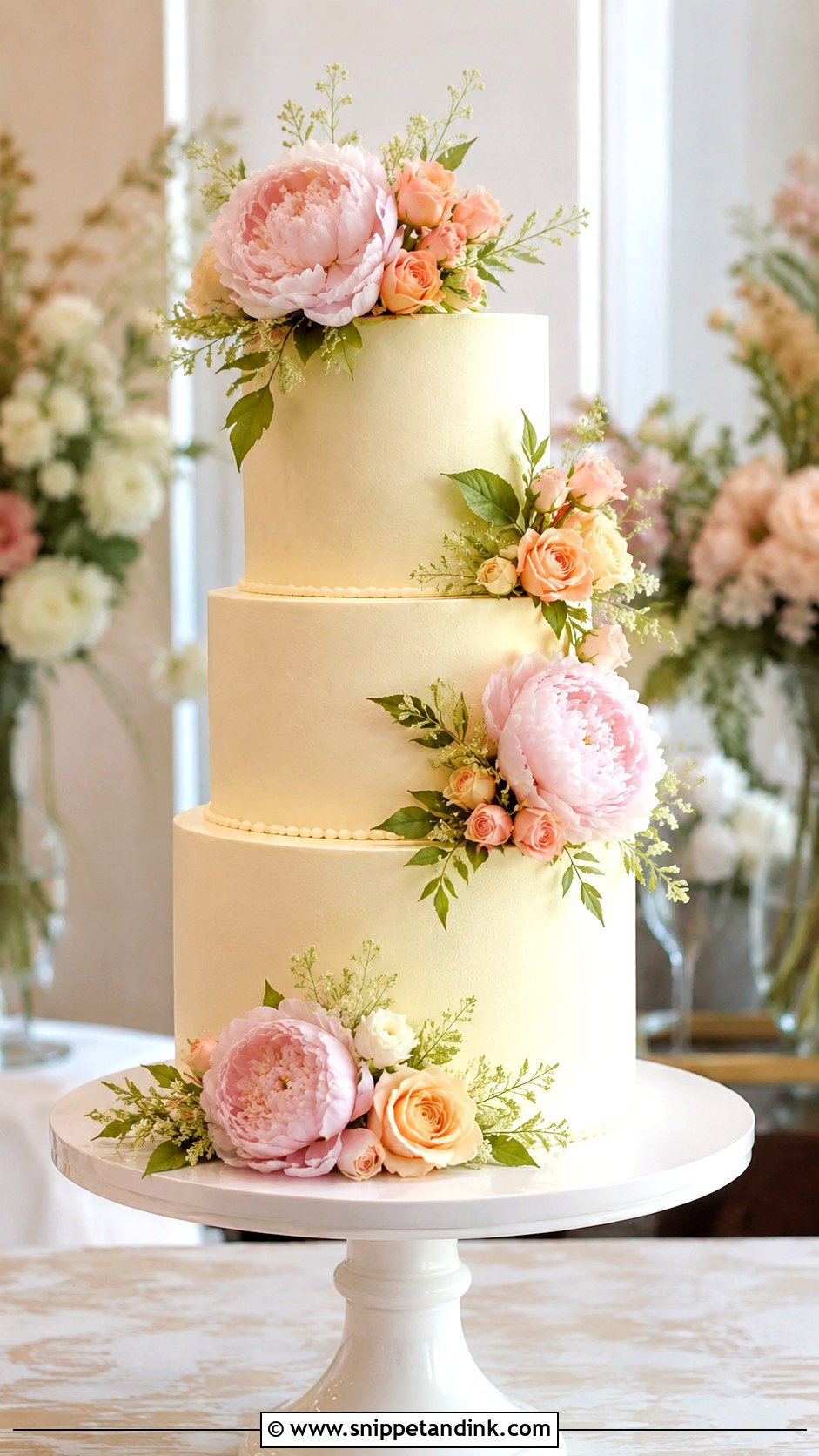 Three Tier Floral Wedding Cake With Peonies - Snippet and Ink - 20 Three Tier Floral Wedding Cake Ideas