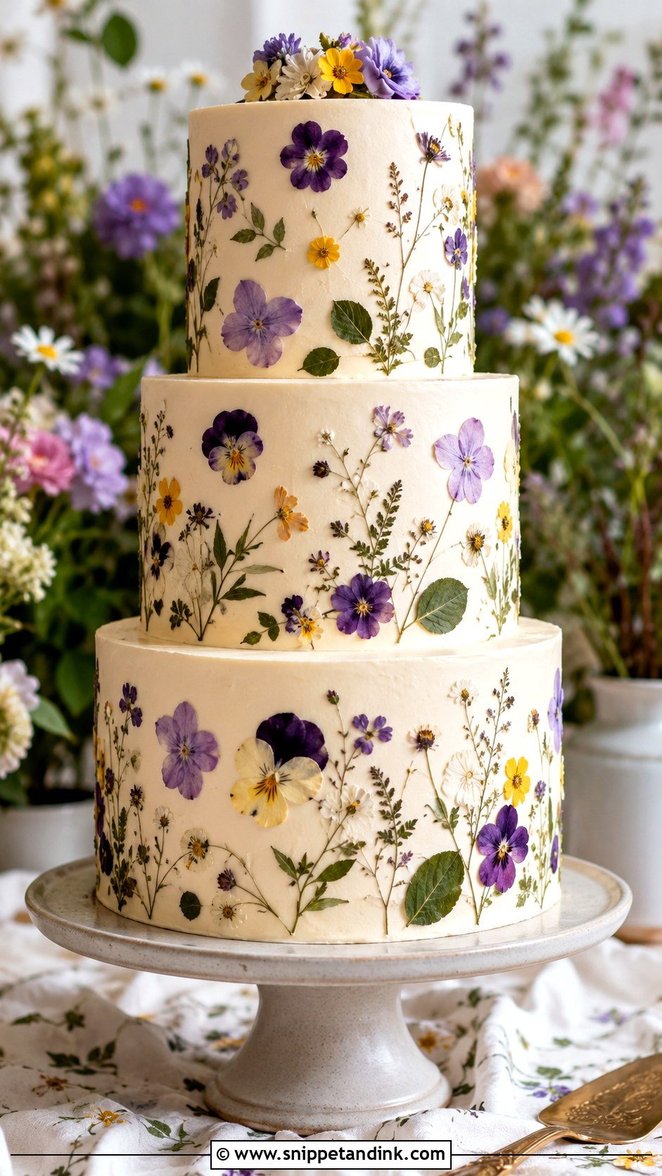 Three Tier Floral Wedding Cake With Pressed Flowers - Snippet and Ink - 20 Three Tier Floral Wedding Cake Ideas
